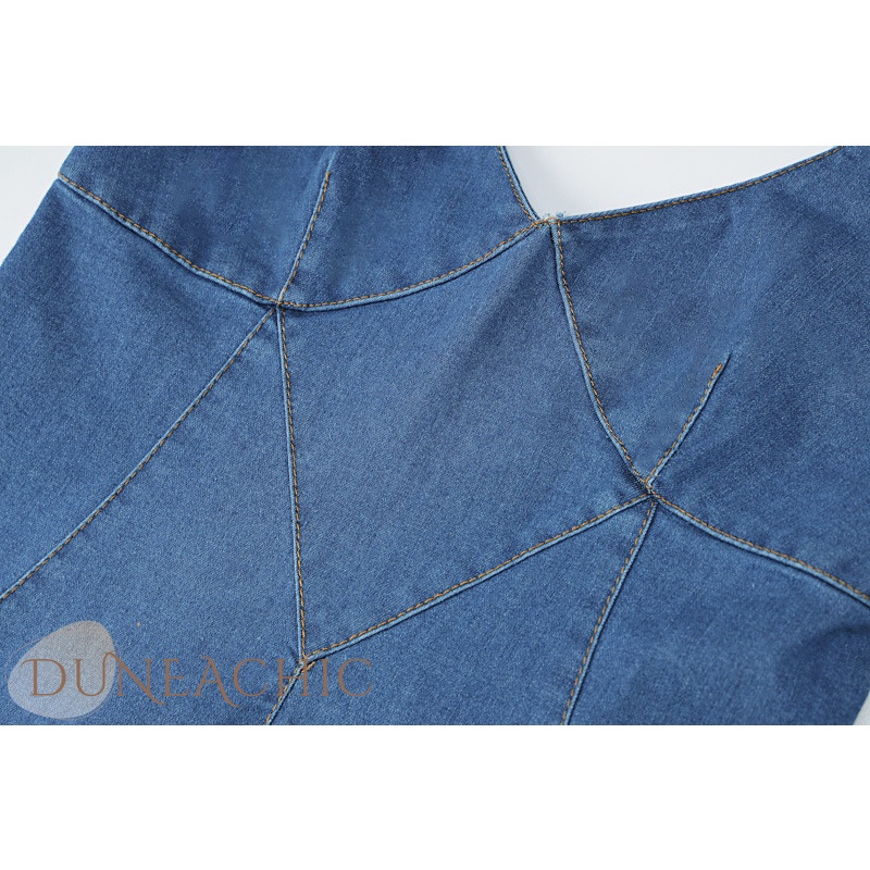 Đầm denim DUNEA cổ chữ V hở lưng phối khóa kéo phong cách cổ điển gợi cảm cho nữ