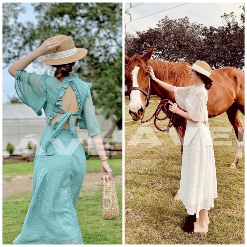 Đầm maxi chấm bi hở lưng