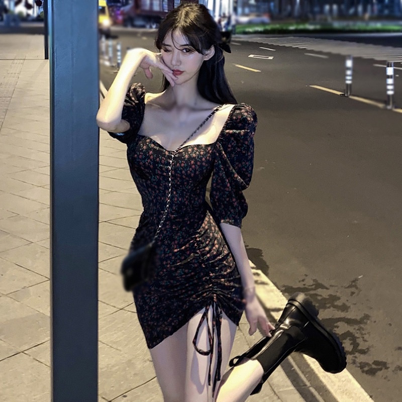 Đầm Hoa Tay Phồng Cổ Vuông Phối Dây Rút Phong Cách Hàn Quốc Ngọt Ngào Cho Nữ