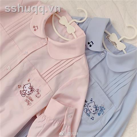 Hàng mới về Áo sơ mi đồng phục học sinh tay dài xếp ly thêu hình Hello Kitty 2021