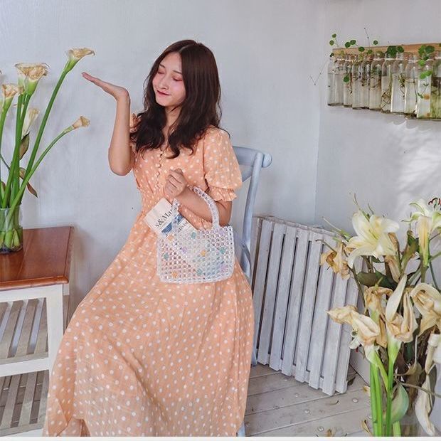 Túi xách lưới đính hạt ngọc trai hình hoa đào xinh xắn cho nữ