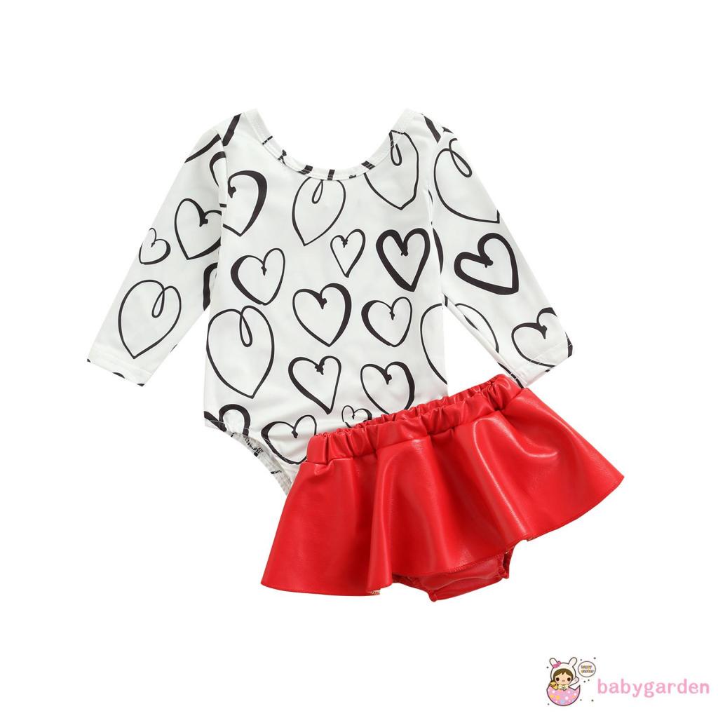 Bộ áo liền quần tay dài cổ tròn in hình trái tim phối chân váy da đỏ xinh xắn cho bé gái 0-18 tháng tuổi