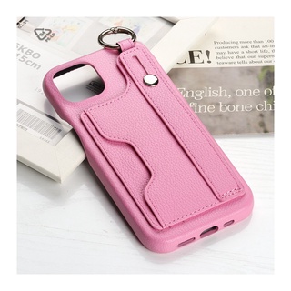 Litchi Grain Khe Cắm Thẻ Da Dành Cho iPhone 16 15 14 13 12 Pro Max Dây Đeo Cổ Tay Đứng Bao