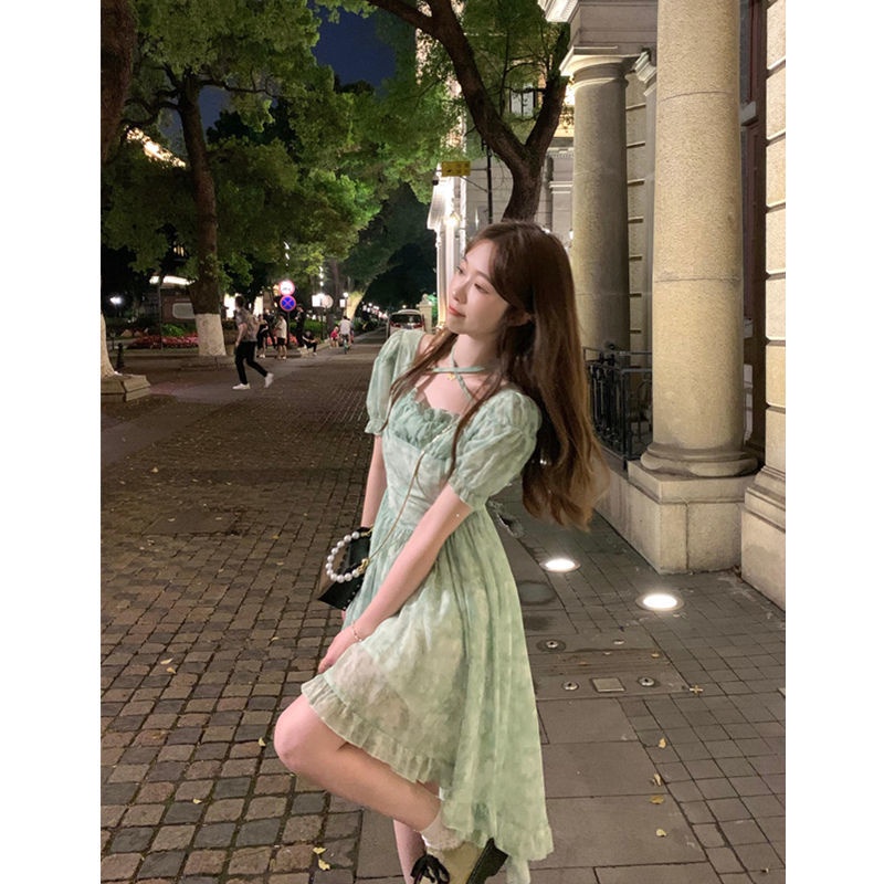 Đầm Voan Tay Phồng Cổ Vuông Họa Tiết Hoa Thiết Kế Bất Đối Xứng Thời Trang Pháp