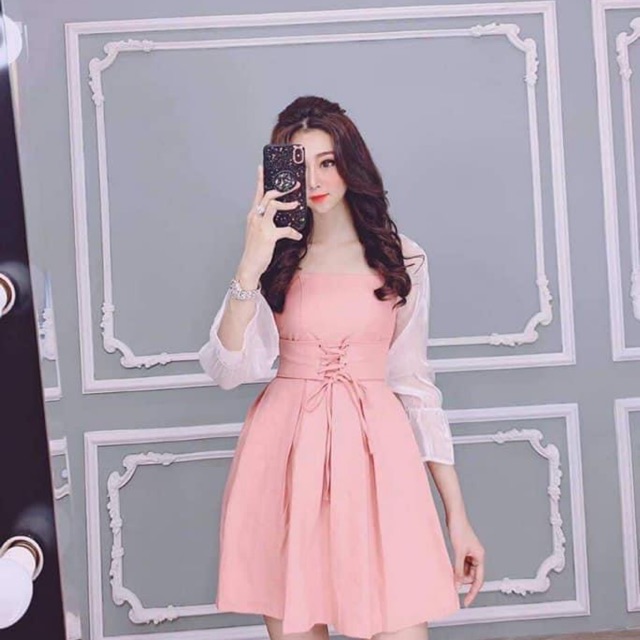 Đầm Hồng Phối Tay Trắng ( lựa live )