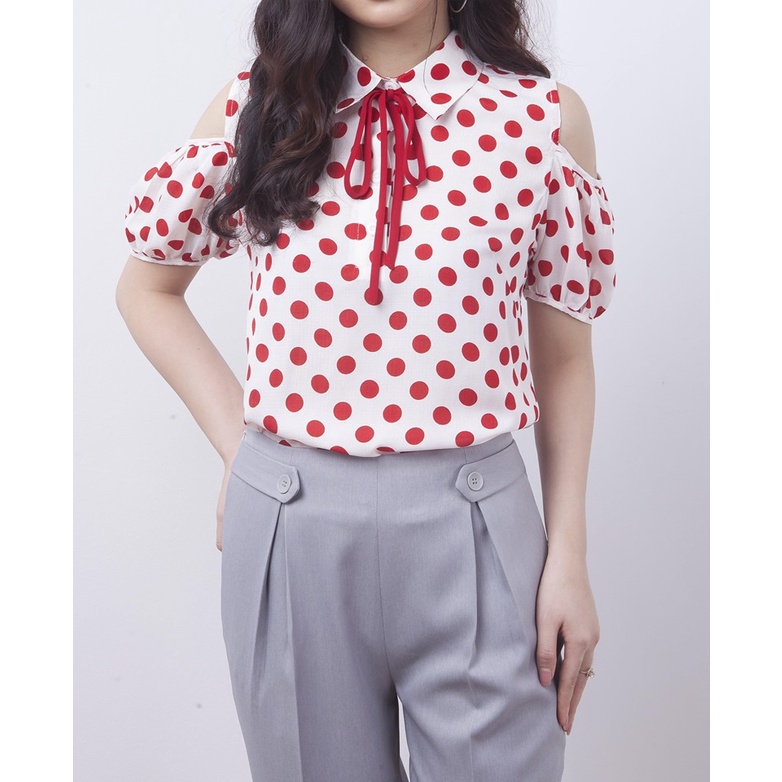 Áo sơ mi nữ ngắn tay, cổ nơ, họa tiết chấm bi, khoét vai , thiết kế cao cấp TK Fashion - SMK778