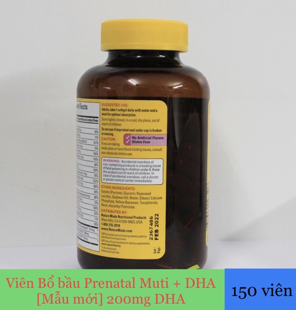 [mẩu mới] Vitamin tổng hợp Bổ bầu Mỹ - Prenatal + DHA 200mg chai 150 viên