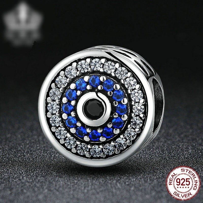 charm pan đính đá tròn xanh trắng bạc s925 cao cấp