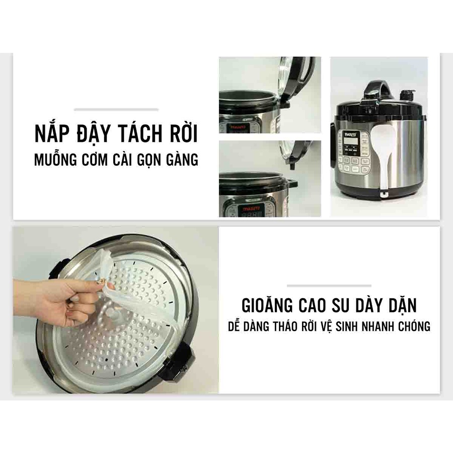 Nồi Áp Suất Điện Đa Năng Masuto 6L Chế Độ Ninh Hầm Siêu Nhanh Tiết Kiệm Thời Gian Nâng Cấp 2023, tặng cọ đa năng