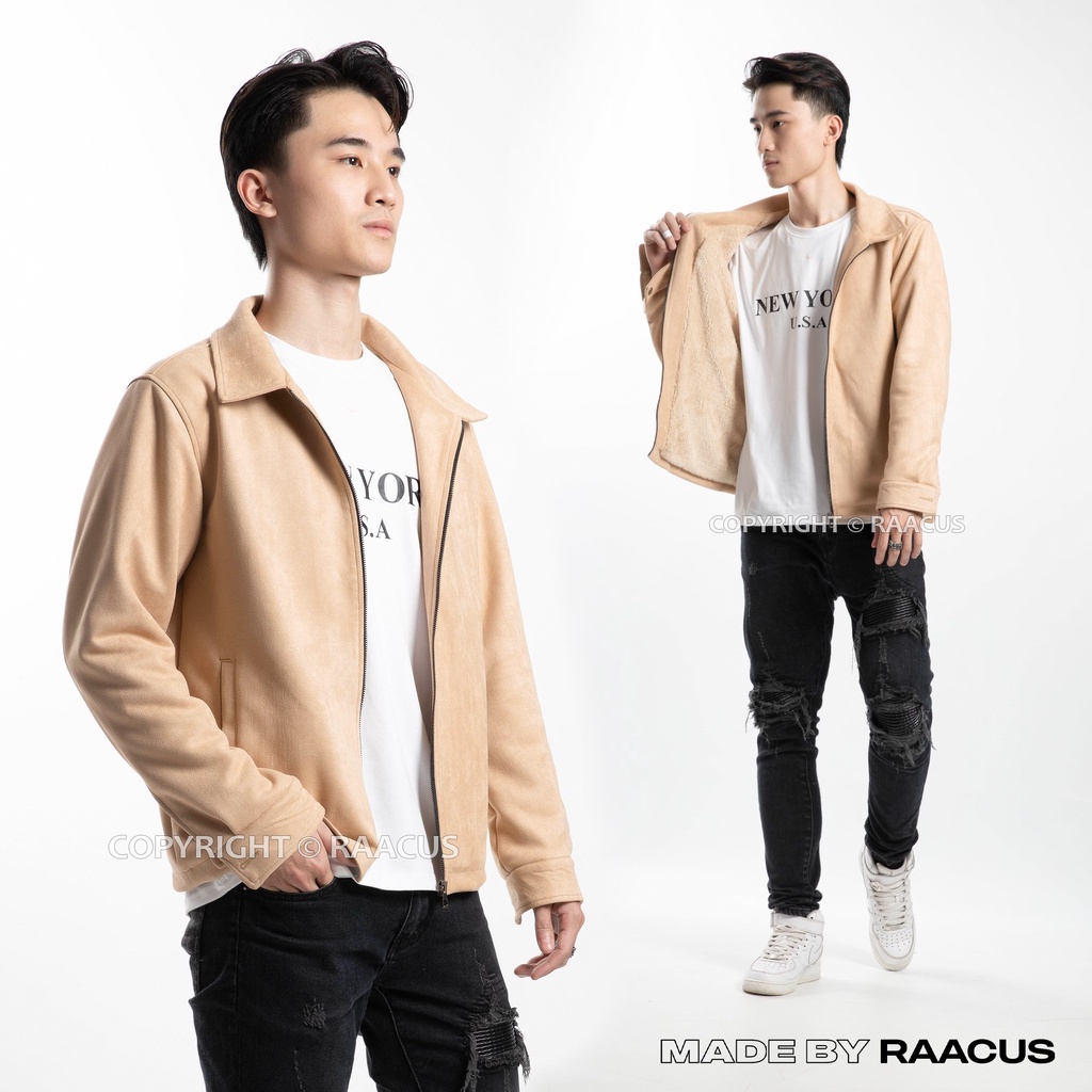 Áo khoác nam da lộn lót lông Raacus, áo khoác nam da hàn quốc jacket form rộng-A380