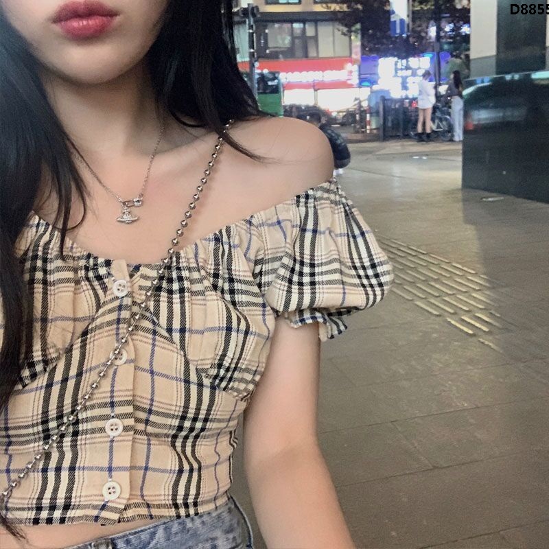 Áo Croptop Trễ Vai Tay Phồng Họa Tiết Kẻ Ô Thời Trang Dành Cho Nữ 2022