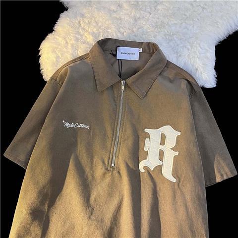 Áo Thun Polo Ngắn Tay Form Rộng Họa Tiết Thêu Phong Cách Retro Mỹ