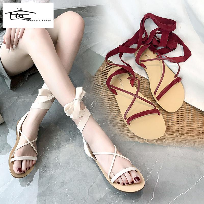 Giảm Giá Hot ~ Giày Sandal Thắt Dây Đế Bằng Phong Cách Roman Thời Trang Đi Biển Mùa Hè Dành Cho Nữ