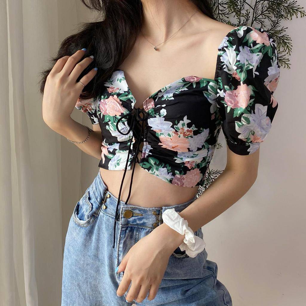 Áo Croptop Tay Phồng Cổ Chữ V In Hoa Thời Trang Dành Cho Nữ