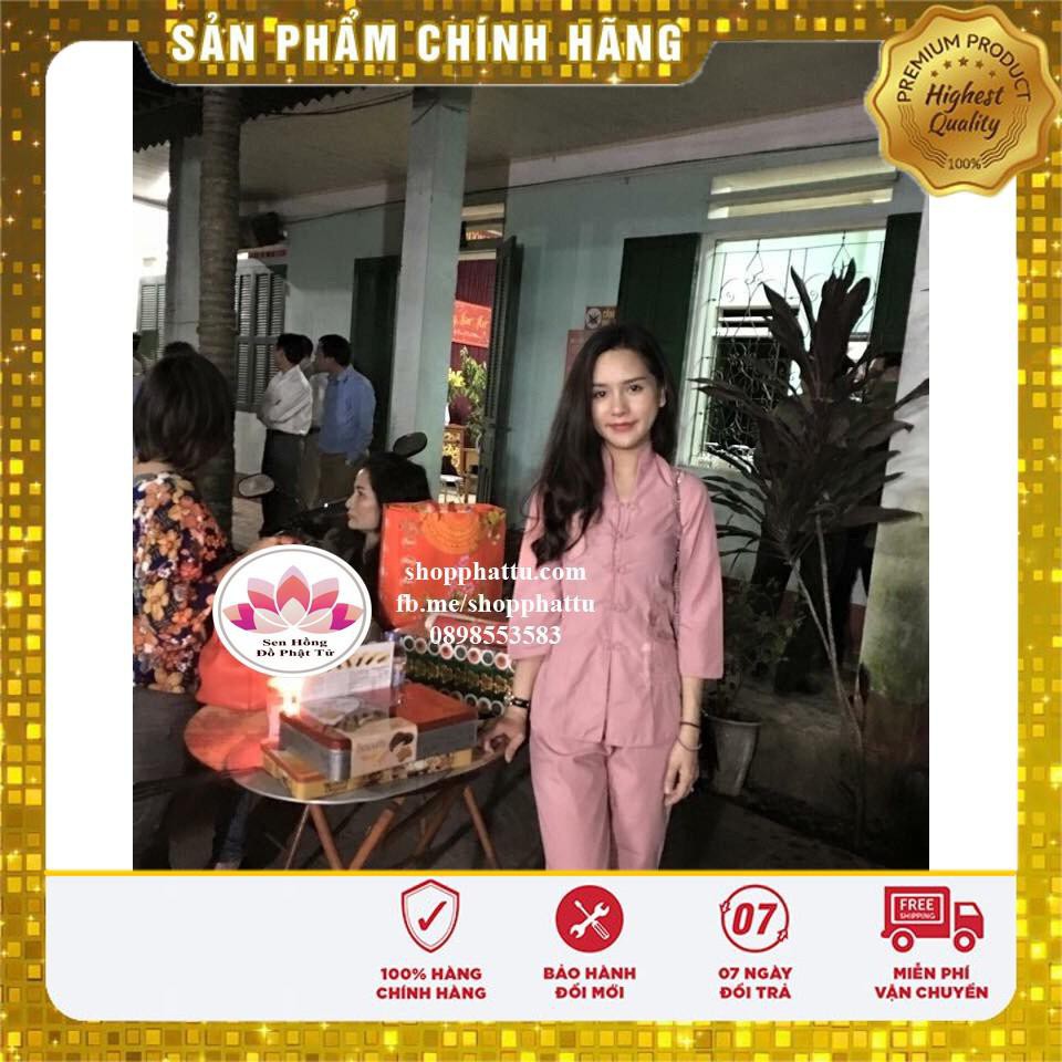 👉👉quần áo Phật tử đi chùa màu hồng Set xẩm thêu hoa sen sắc nét vải mềm mịn giặt máy thoải mái