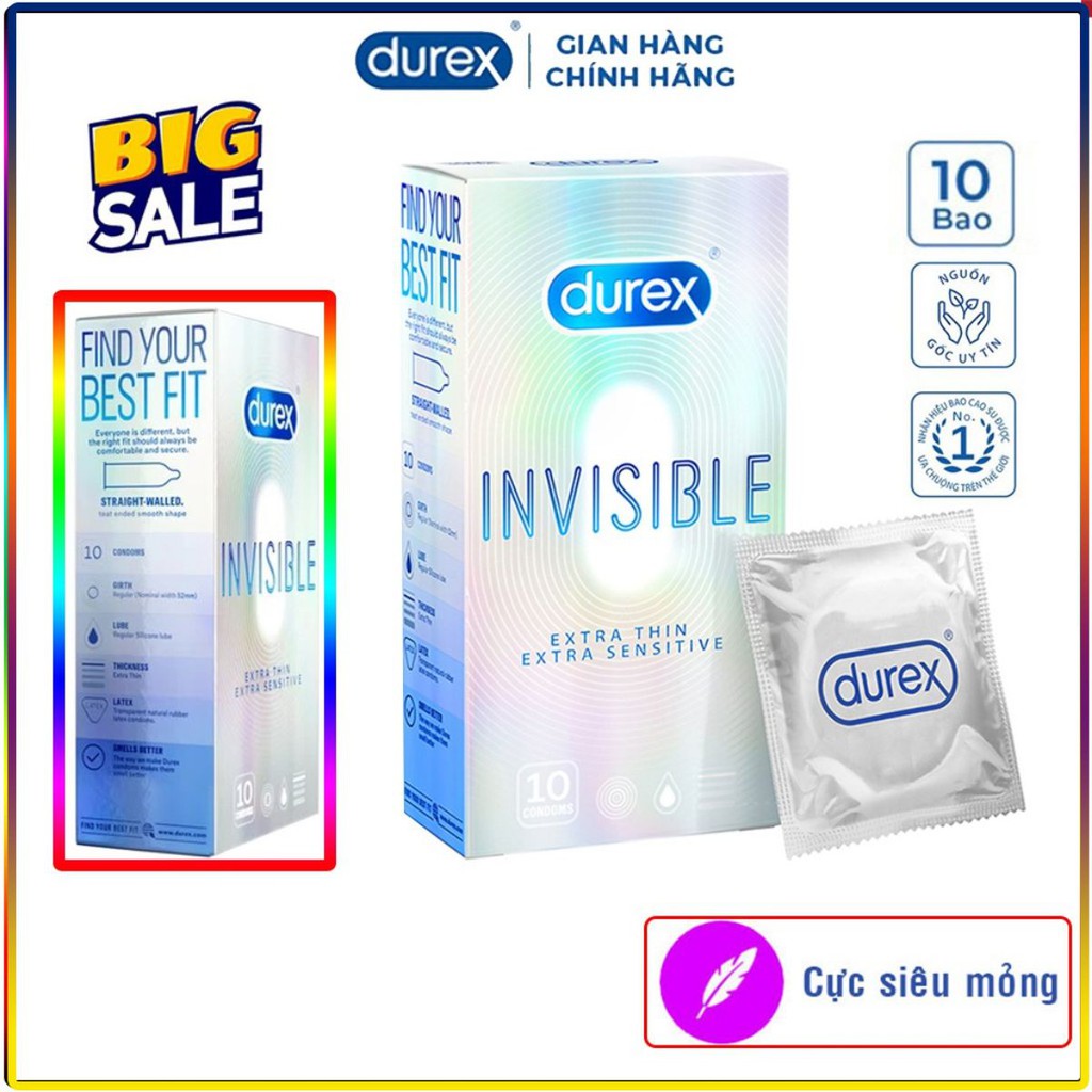 Bao cao su siêu mỏng Durex Invisible, bao cao su mỏng nhiều gel tăng khoái cảm + Tặng kèm hộp 3 cùng loại.