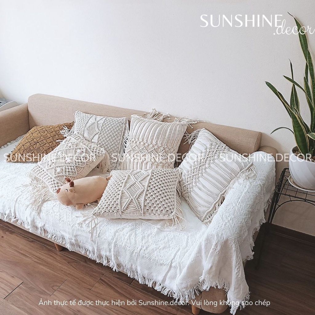 Khăn phủ sofa, chăn trải ghế sofa có tua rua màu trắng phong cách Bắc Âu