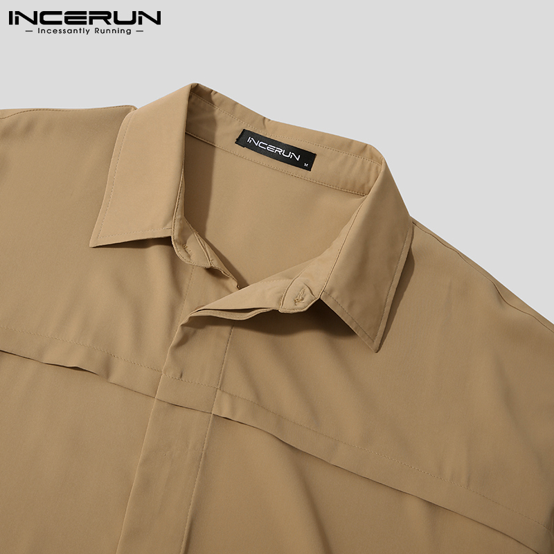 INCERUN Men Fashion Simple Style Casual Solid Color Short Sleeve Lapel Shirts