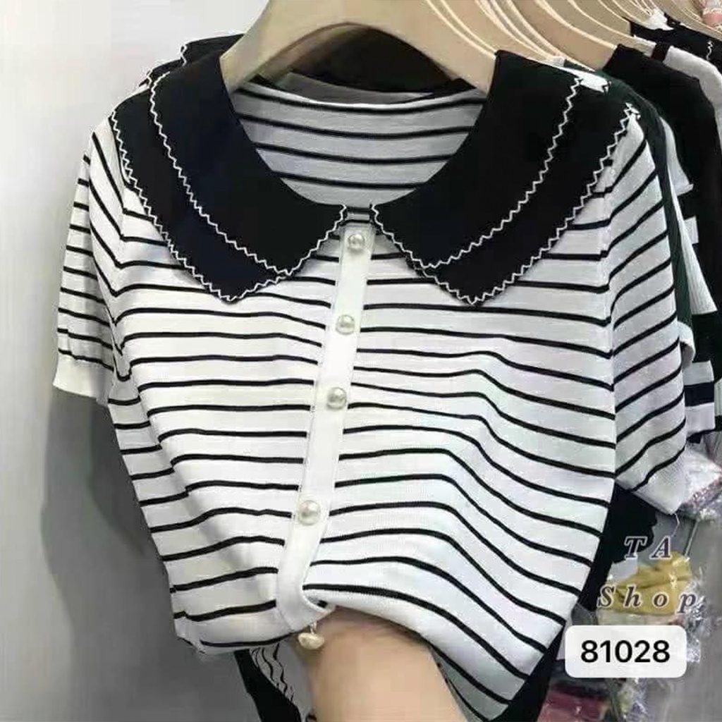 Áo kiểu nữ FM Style polo chất len tăm tay ngắn hoạ tiết sọc thời trang thanh lịch hàn quốc 211002001