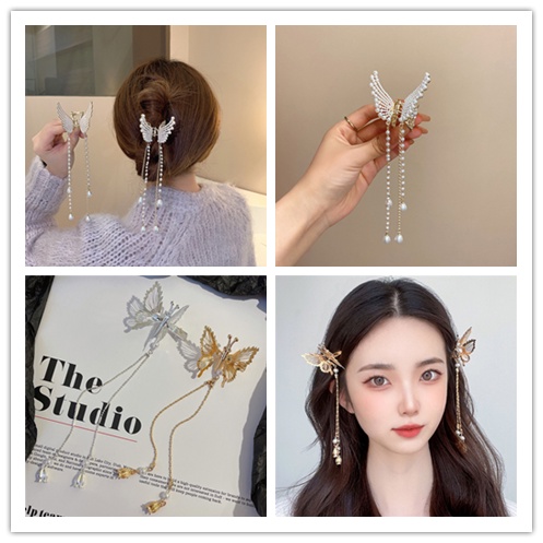 1 Kẹp Tóc Hình Bướm Dáng Dài Phối Tua Rua Bằng Kim Loại Đính Ngọc Trai Phong Cách Vintage Dành Cho Nữ