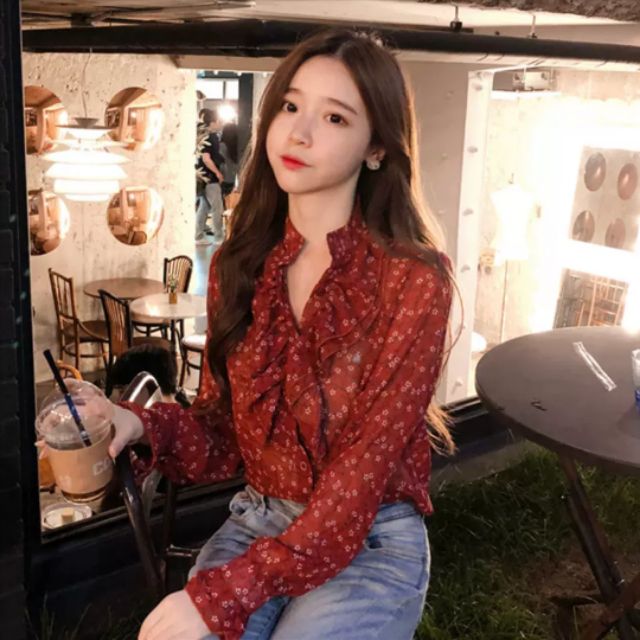 Áo sơ mi hoa nhí đỏ đậm phong cách hàn quốc sang chảnh