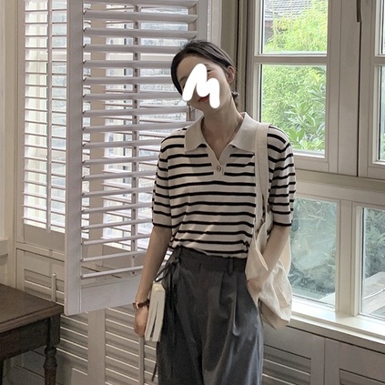 Áo thun dệt kim tay ngắn dáng rộng kẻ sọc phong cách retro hàn quốc dễ phối đồ cho nữ  Xiaozhainv