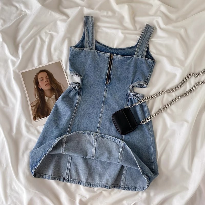 Váy Jeans Denim Quảng Châu (loại 1) Hình thật, Đầm denim dáng ngắn Ulzzang Style