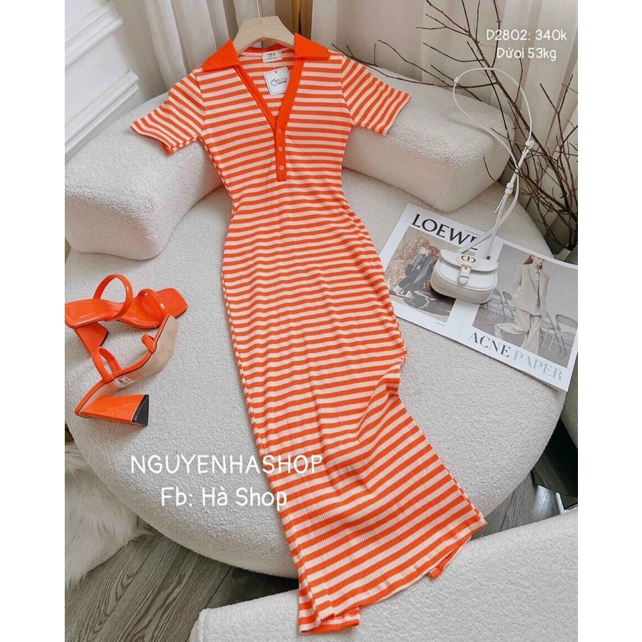 Đầm body tay ngắn cổ bẻ sọc ngang dáng dài midi xinh MK60