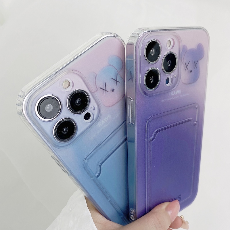 Ốp Điện Thoại Màu Tím Họa Tiết Chú Gấu Thời Trang Chống Sốc Kèm Ngăn Đựng Thẻ Cho iPhone 14 / 13 / 12 / 11 / X / 8 / 7P