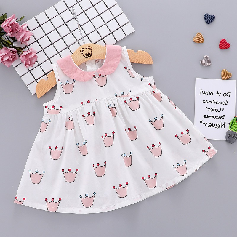 Đầm không tay họa tiết vương miện thời trang mùa hè xinh xắn dành cho bé gái
