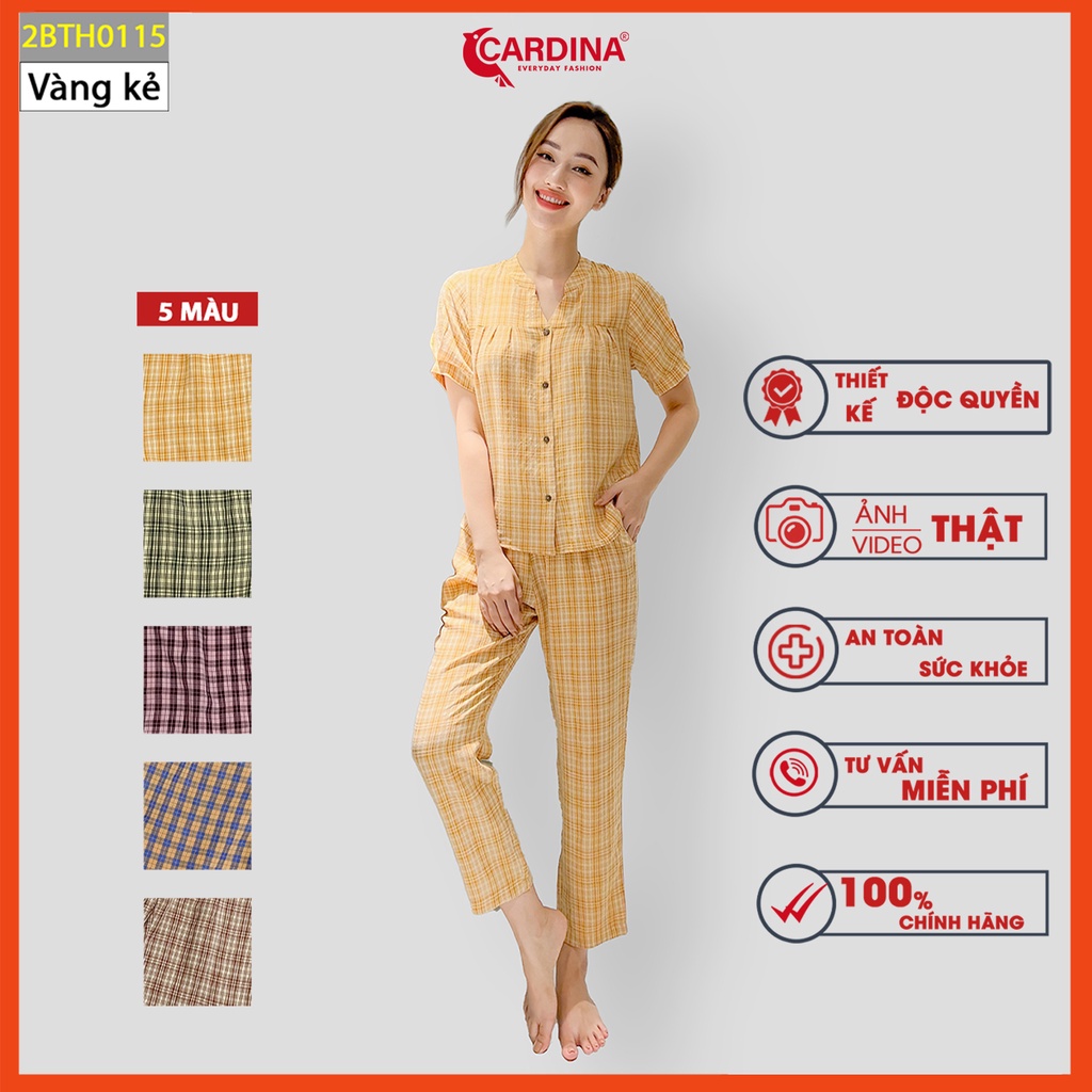 Đồ bộ nữ CARDINA 4 màu kẻ chất thô nhật cao cấp áo cổ vuông tay phồng quần dài thoáng mát nhẹ nhàng 2BTH01