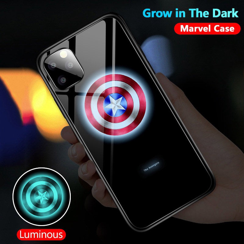 Ốp điện thoại kính dạ quang in hình Avengers Marvel cho iPhone X XS XR XS MAX 11 11 Pro 11 Pro Max