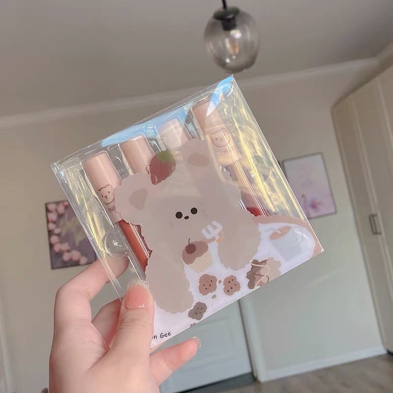 MẪU MỚI Set Son Kem Lì 4 Cây VONGEE Gấu Nâu Trong Suốt Dễ Thương Bộ Son Kem Lì Không Dính Cốc Cô Gái Cổ Trang | Thế Giới Skin Care