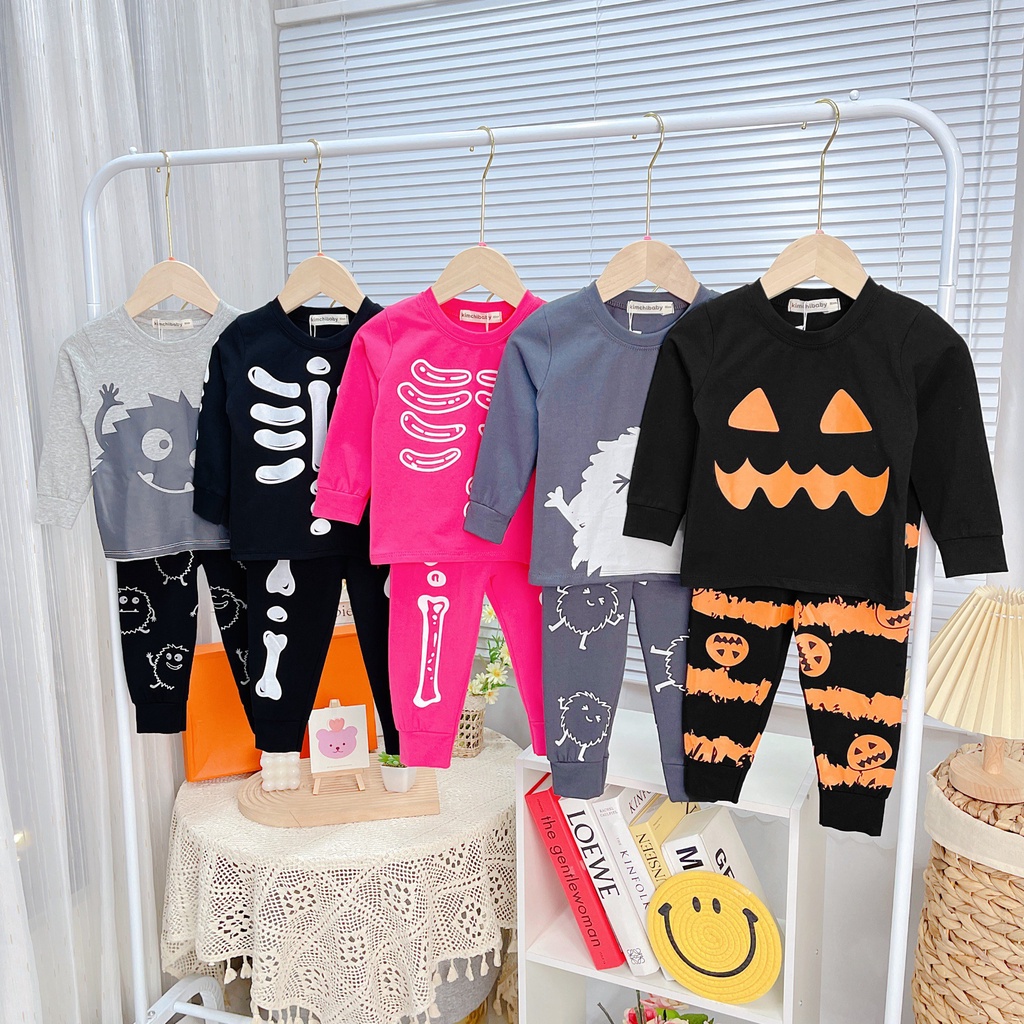 Bộ Quần Áo Bé Gái, Bé Trai KIMCHIBABY Vải Cotton 4C Dư Xịn Hoạ Tiết Halloween, Bộ Dài Tay Cho Bé Mặc Nhà MKMTD2240