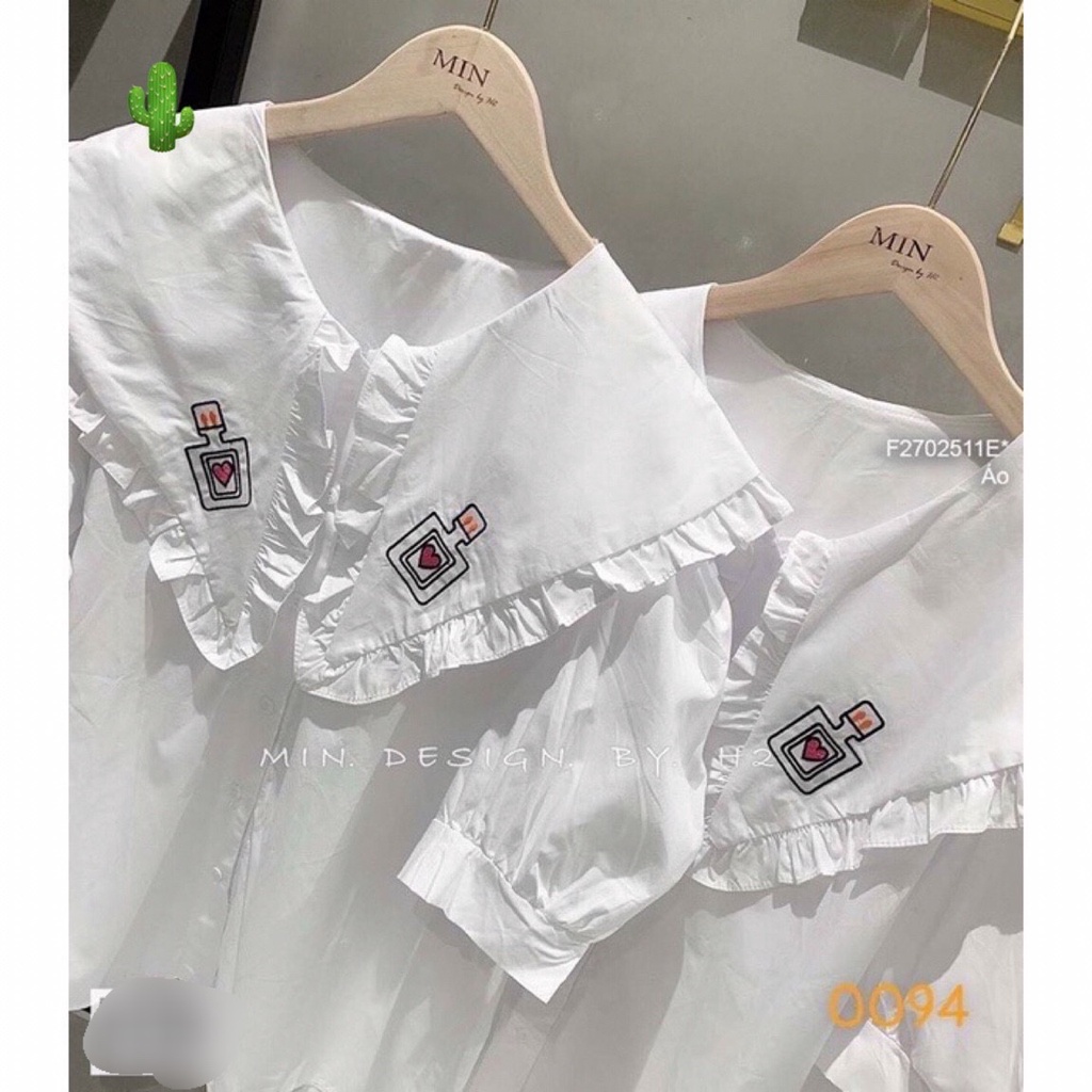 Áo sơ mi cổ sen phối bèo thêu nước hoa tay ngắn form rộng vải kate trắng thời trang Hàn Quốc thanh lịch dễ thương