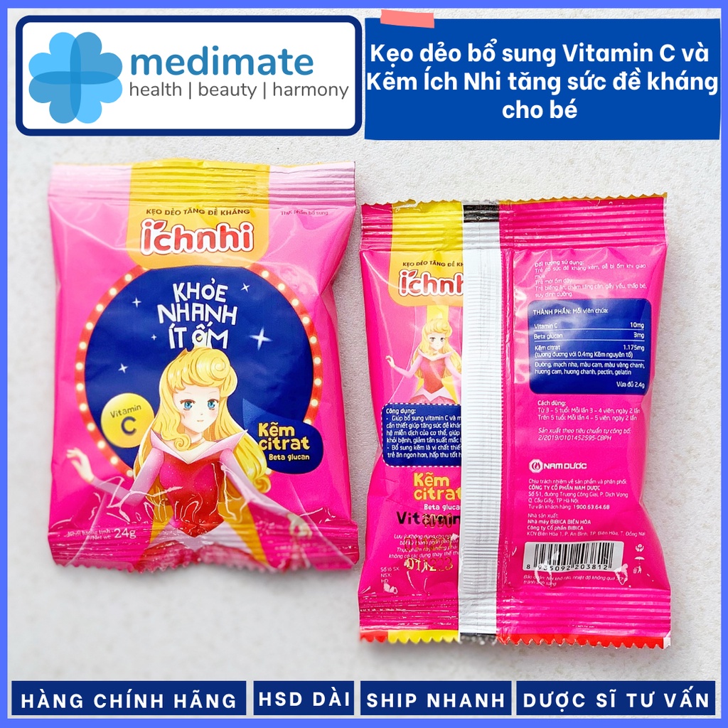 Kẹo dẻo Ích Nhi bổ sung Vitamin C và Kẽm cho bé, giúp tăng sức đề kháng, tăng cường miễn dịch (gói 24g)