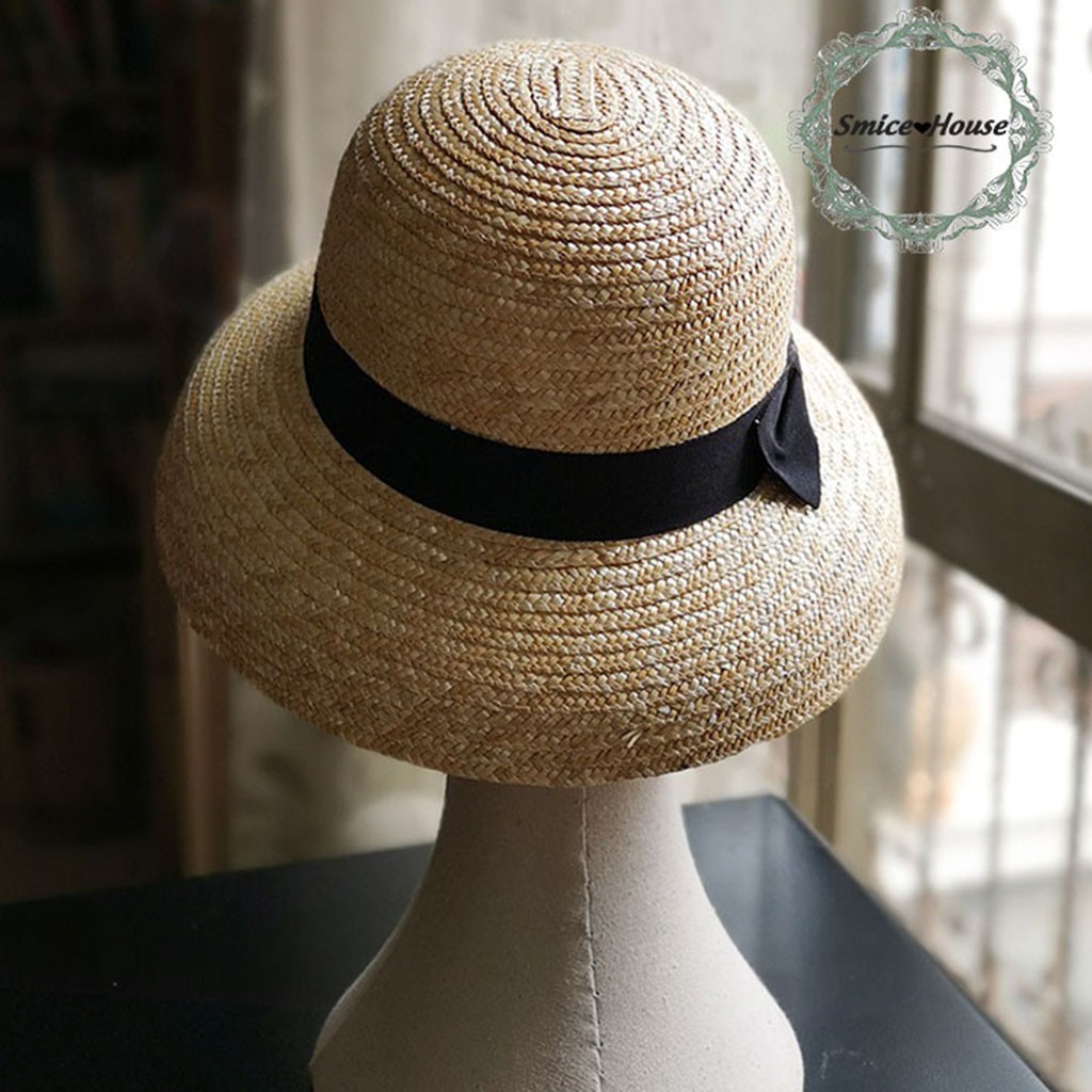 Mũ chụp đèn Hepburn retro phong cách Pháp/ nón cói chuông rộng vành chống nắng đi biển du lịch mùa hè form cứng