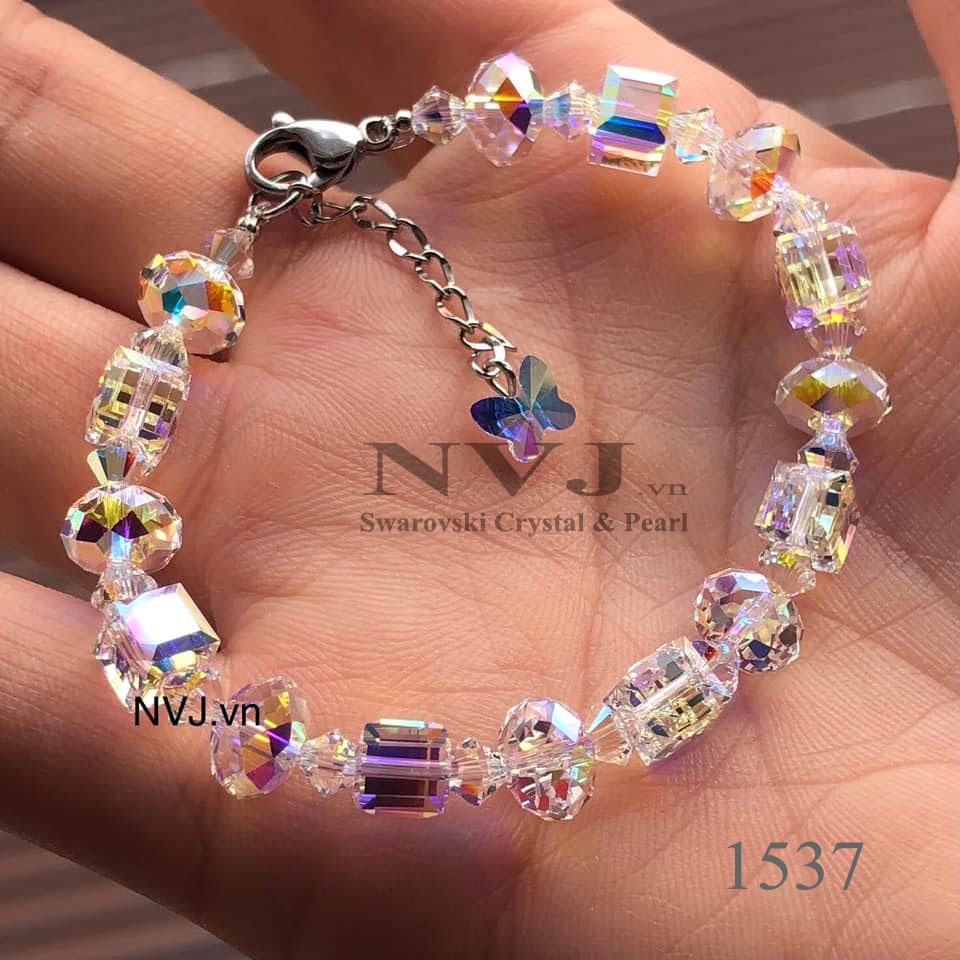 Trang sức pha lê Swarovski vòng tay hạt vuông 8ly, khóa xích tăng đơ xinh lấp lánh - PhaleAo, quà tặng NVJ