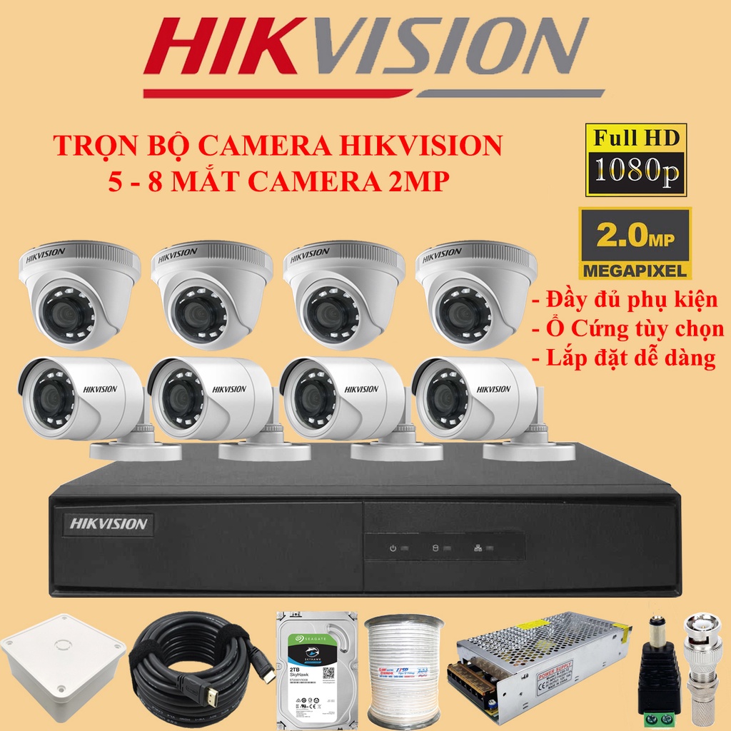 [Bộ 2mp Giá Tốt] Trọn bộ 5-8 camera Hikvision 2MP - 1080p full phụ kiện lắp đặt bảo hành 24 tháng