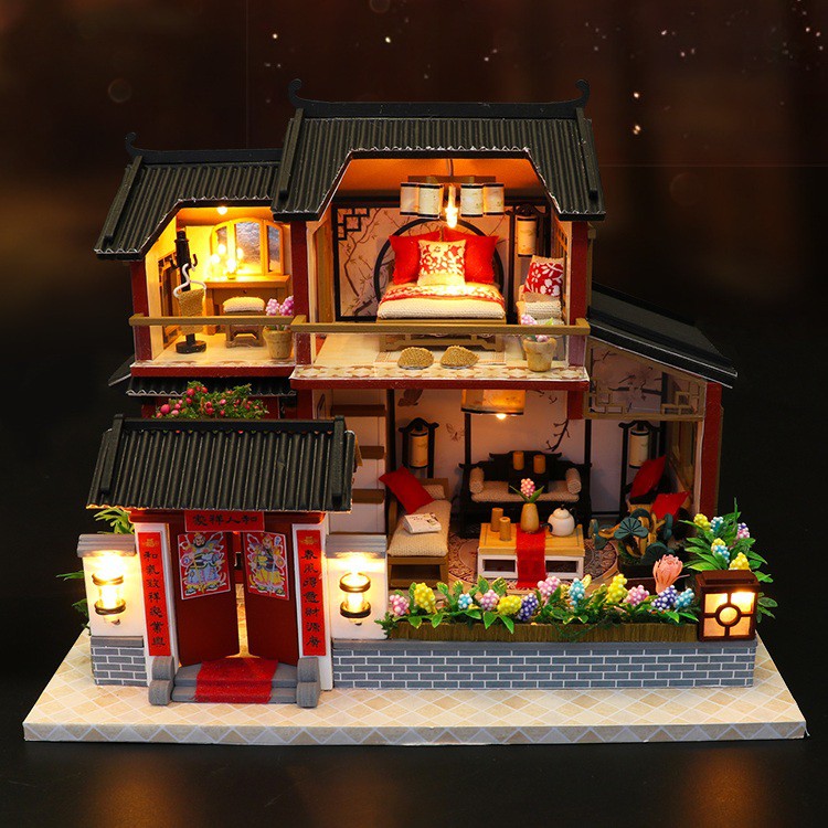 Mô hình nhà DIY Doll House Auspicious Sign Loft Kèm Mica Chống bụi, Bộ dụng cụ và Keo dán