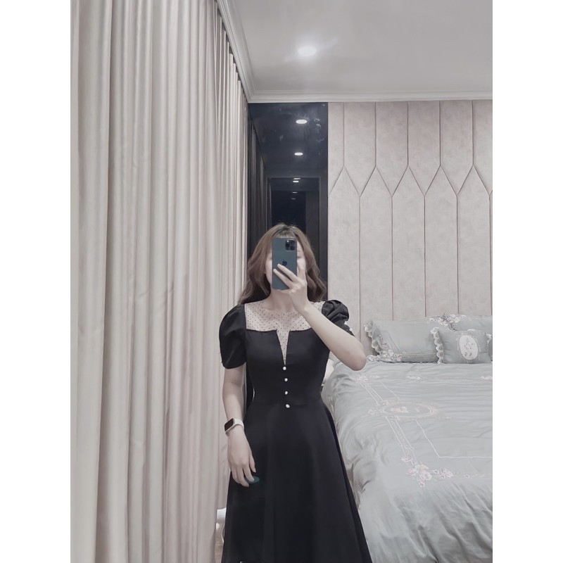 VNU277 - VÁY XOÈ CỔ HỞ V PHỐI LƯỚI CÚC NGỌC | BigBuy360 - bigbuy360.vn