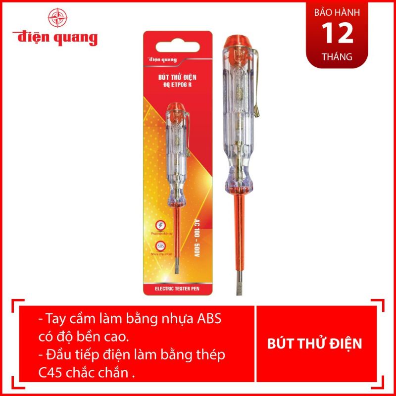 Bút thử điện Điện Quang ĐQ ETP09 Y (185 mm, vàng), ĐQ ETP06 R (140 mm, đỏ), ĐQ ETP08 GR ( 190 mm, màu xám trong)