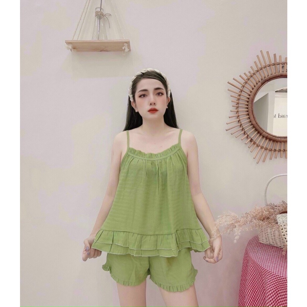 Bộ 2 dây nữ mặc ở nhà chất đũi nhăn thời thượng mát lạnh ngày hè B335 Nội Y Xanh hàng đẹp trendy