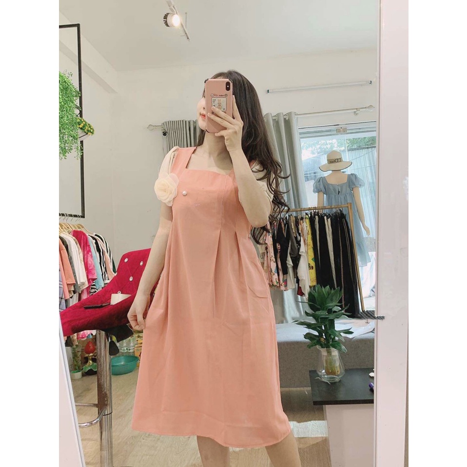 Đầm bầu cổ vuông hoa ngực M317 vải cát hàn thời trang thiết kế Mom and baby