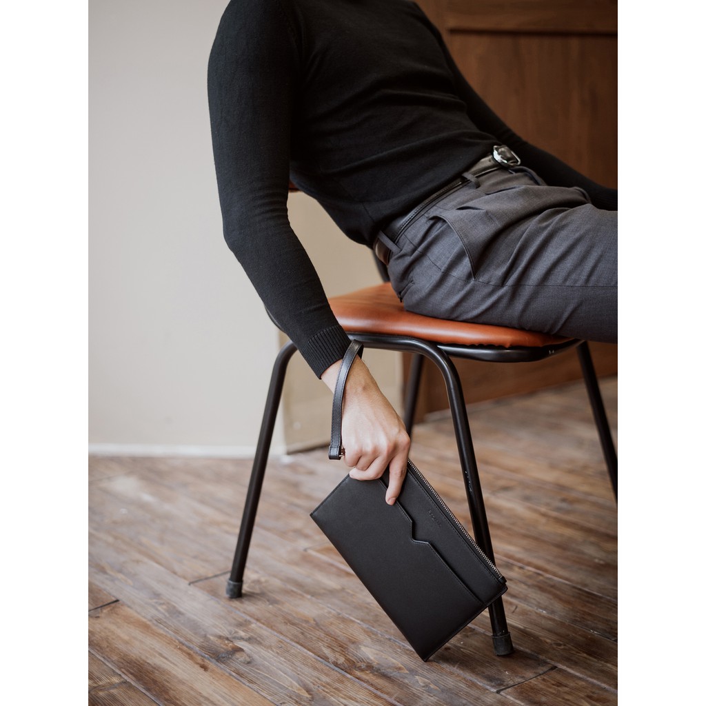 Túi Clutch Nam Da Bò Trơn Cao Cấp FRANK V Pouch Ví Cầm Tay Nam Nhiều Ngăn Sang Trọng Tiện Dụng - Màu Đen
