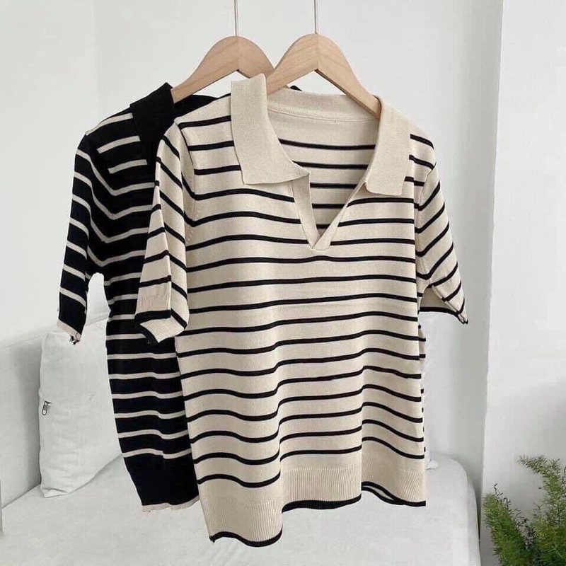 Áo Dệt Kim Thun Ngắn Tay Dáng Rộng Kẻ Ngang Kiểu Hàn Quốc Thời Trang Mùa Hè Cho Nữ, Áo Polo Chất Len 5969