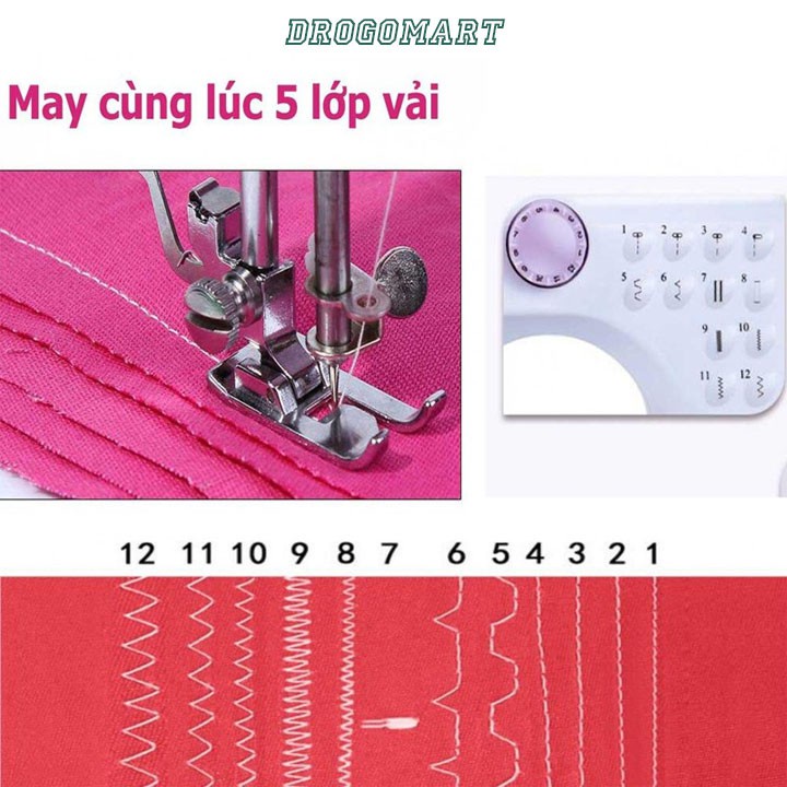 Máy may mini gia đình có vắt sổ UFR, máy khâu mini 12 đường may có vắt sổ, may được vải thun, kèm chân vịt