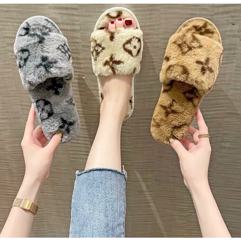 Dép lông quai ngang Lv cao cấp, dép lông nữ quai ngang đi trong nhà