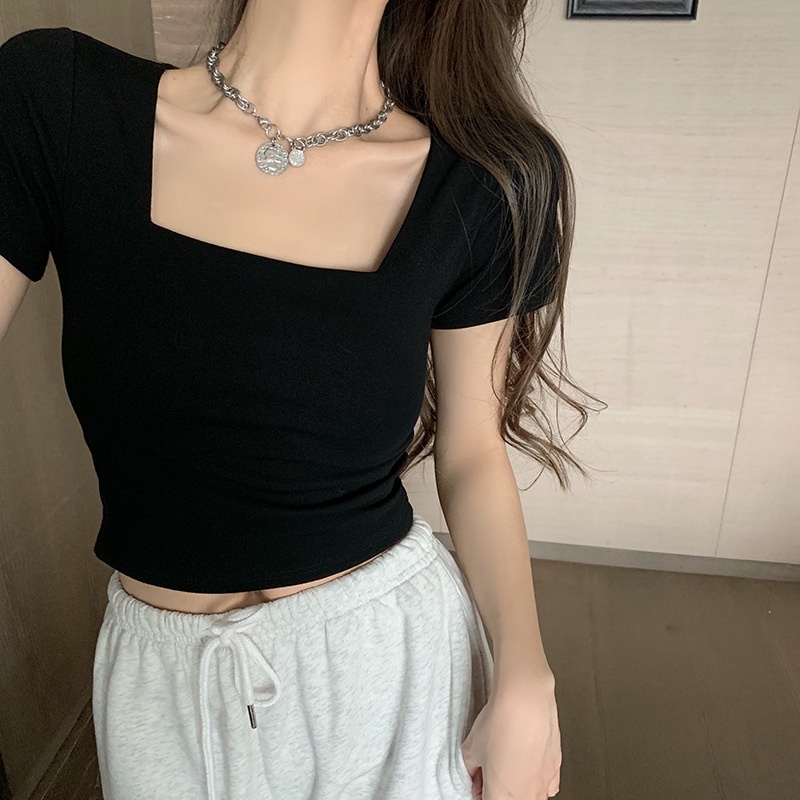 WANGJIAOZHAN Áo croptop thun tay ngắn cổ vuông thời trang nữ