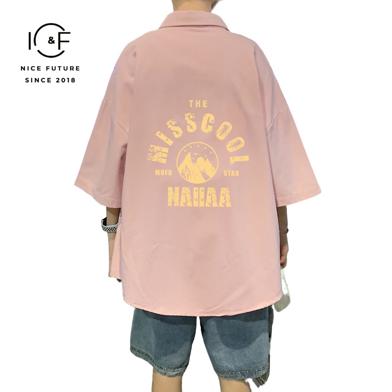 Áo sơ mi IFNICEFUTURE vải lụa mát tay ngắn dáng rộng in họa tiết phong cách Hàn Quốc năng động cho nam